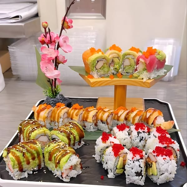 A two-tiered display of various Asian Arch sushi rolls, including avocado, eel, and tobiko.