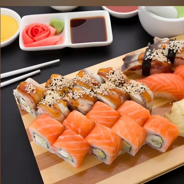 Assorted Asian Arch sushi rolls and nigiri with salmon and eel, served with sauces and chopsticks.